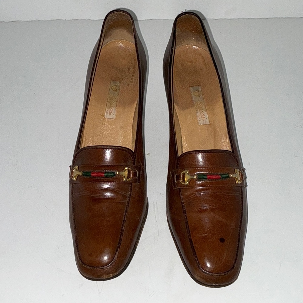 Vintage Gucci Shoes Brown Leather Signature Horsebit 40 AA Loafer Heeled